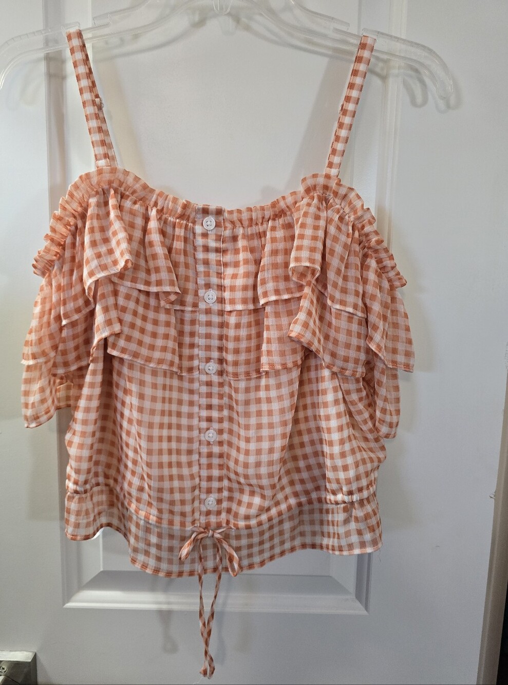 NWT Lauren Conrad Orange Gingham Ruffle Off Shoulder Top M Removable Straps